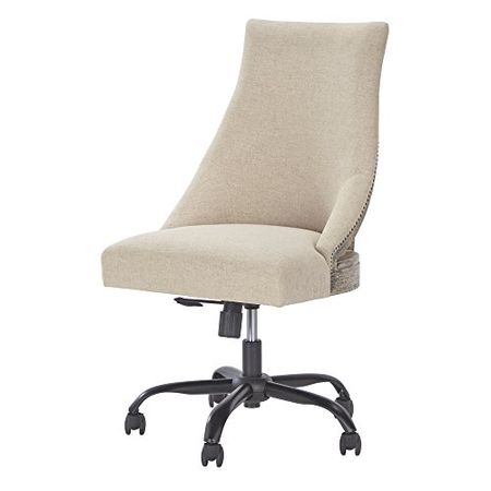 Signature Design by Ashley Modern Upholstered Home Office Swivel Desk Chair with Nailhead Trim, Beige