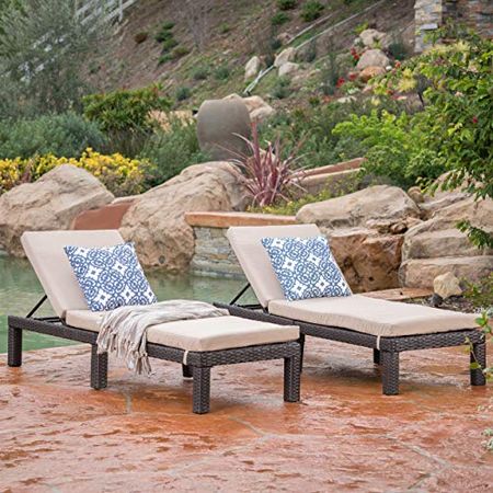 Christopher Knight Home Puerta Outdoor Wicker Chaise Lounges with Water Resistant Cushion, 2-Pcs Set, Dark Brown / Beige