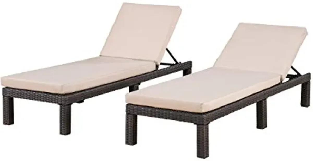 Christopher Knight Home Puerta Outdoor Wicker Chaise Lounges with Water Resistant Cushion, 2-Pcs Set, Dark Brown / Beige