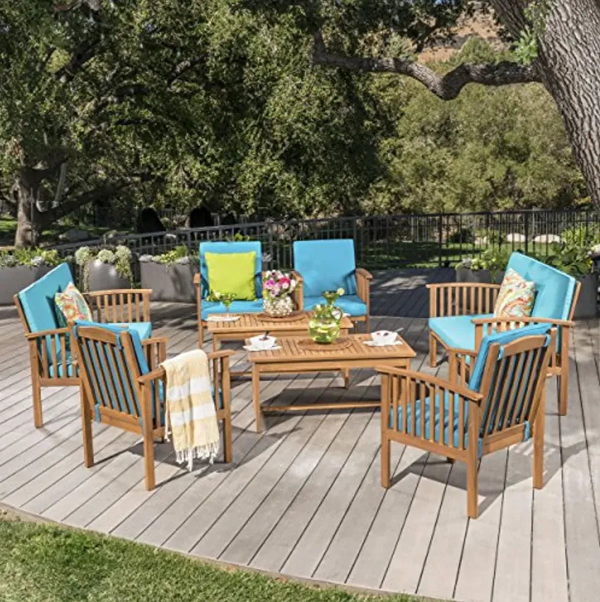 Christopher Knight Home Carolina Outdoor Acacia Wood Sofa Set with Water Resistant Cushions, 8-Pcs Set, Brown Patina / Teal