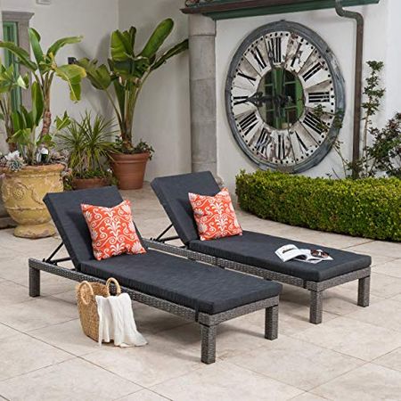 Christopher Knight Home Puerta Outdoor Wicker Chaise Lounges with Water Resistant Cushion, 2-Pcs Set, Mixed Black / Dark Grey