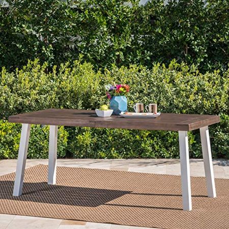 Christopher Knight Home Della Outdoor Acacia Wood Dining Table with Metal Legs, Dark Brown / White Rustic Metal
