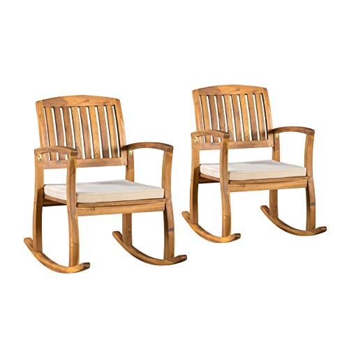 Christopher Knight Home Selma Acacia Rocking Chairs with Cushions, 2-Pcs Set, Teak Finish