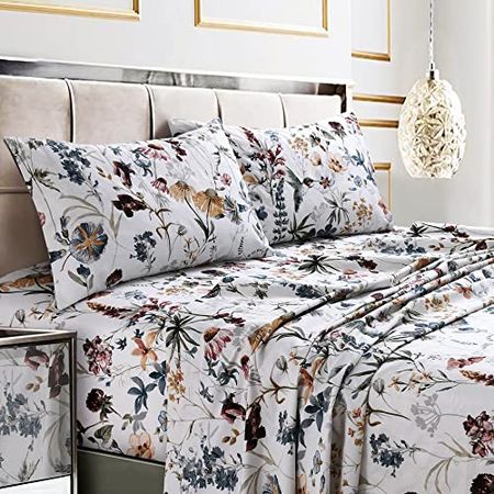 Tribeca Living King Bed Sheet Set, Soft Cotton Sateen Printed Sheets Floral Print, Extra Deep Pocket, 300 Thread Count, 4-Piece Bedding Sets, Amalfi Deep Red/Multi, (AMAL4PSSKIRE)