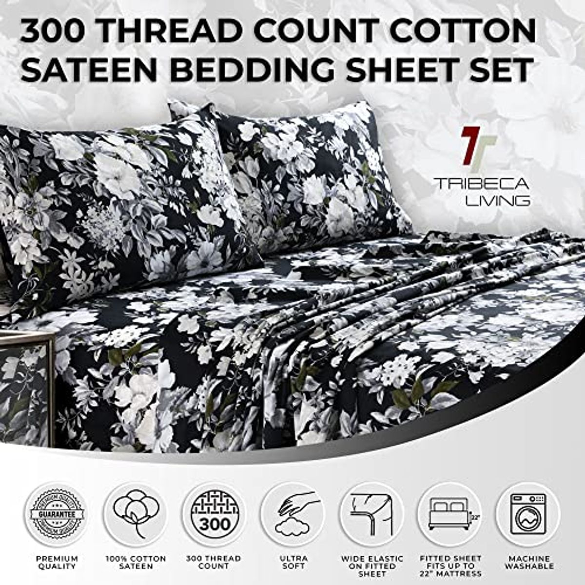 Tribeca Living Twin XL Bed Sheet Set, 300 Thread Count Soft Cotton Sateen, Floral Print with Extra Deep Pockets, 3-Piece Bedding Set, Vernazza Charcoal/Multicolor