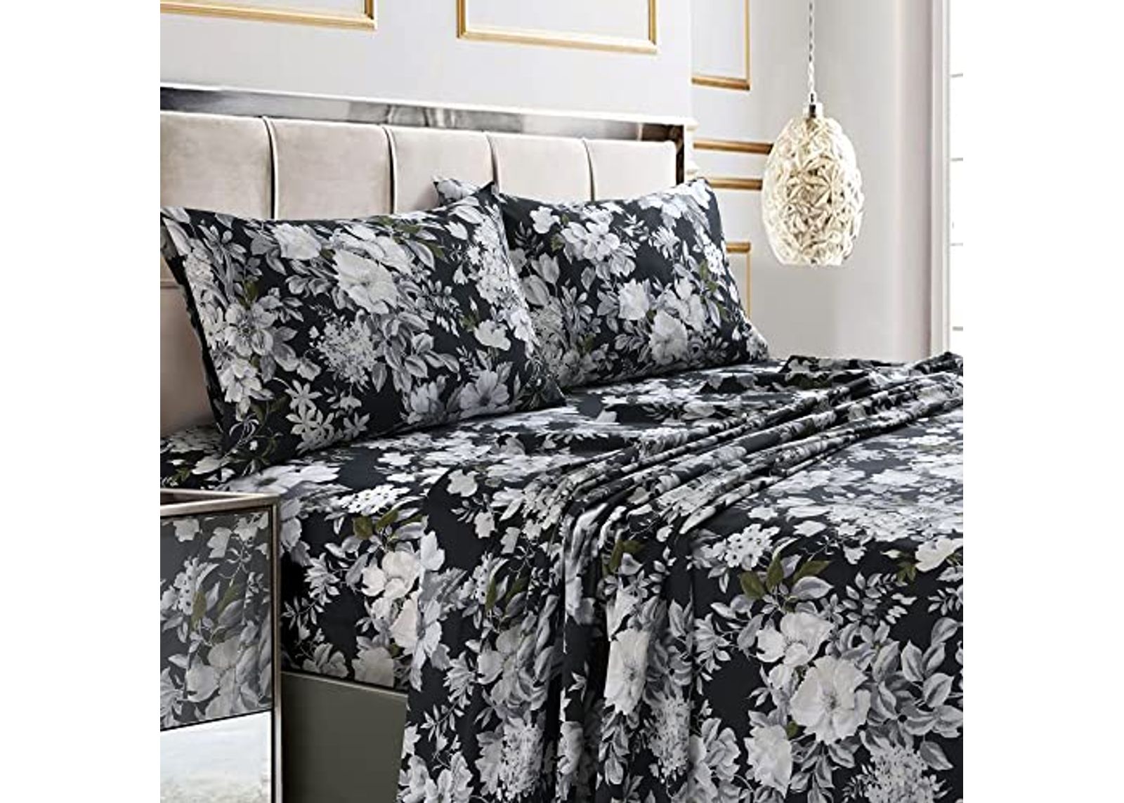 Tribeca Living Twin XL Bed Sheet Set, 300 Thread Count Soft Cotton Sateen, Floral Print with Extra Deep Pockets, 3-Piece Bedding Set, Vernazza Charcoal/Multicolor