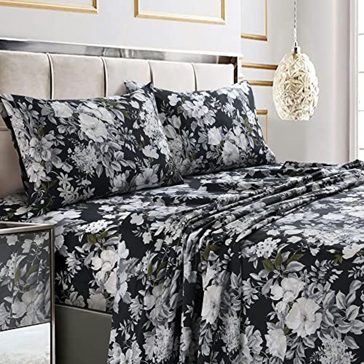 Tribeca Living Twin XL Bed Sheet Set, 300 Thread Count Soft Cotton Sateen, Floral Print with Extra Deep Pockets, 3-Piece Bedding Set, Vernazza Charcoal/Multicolor