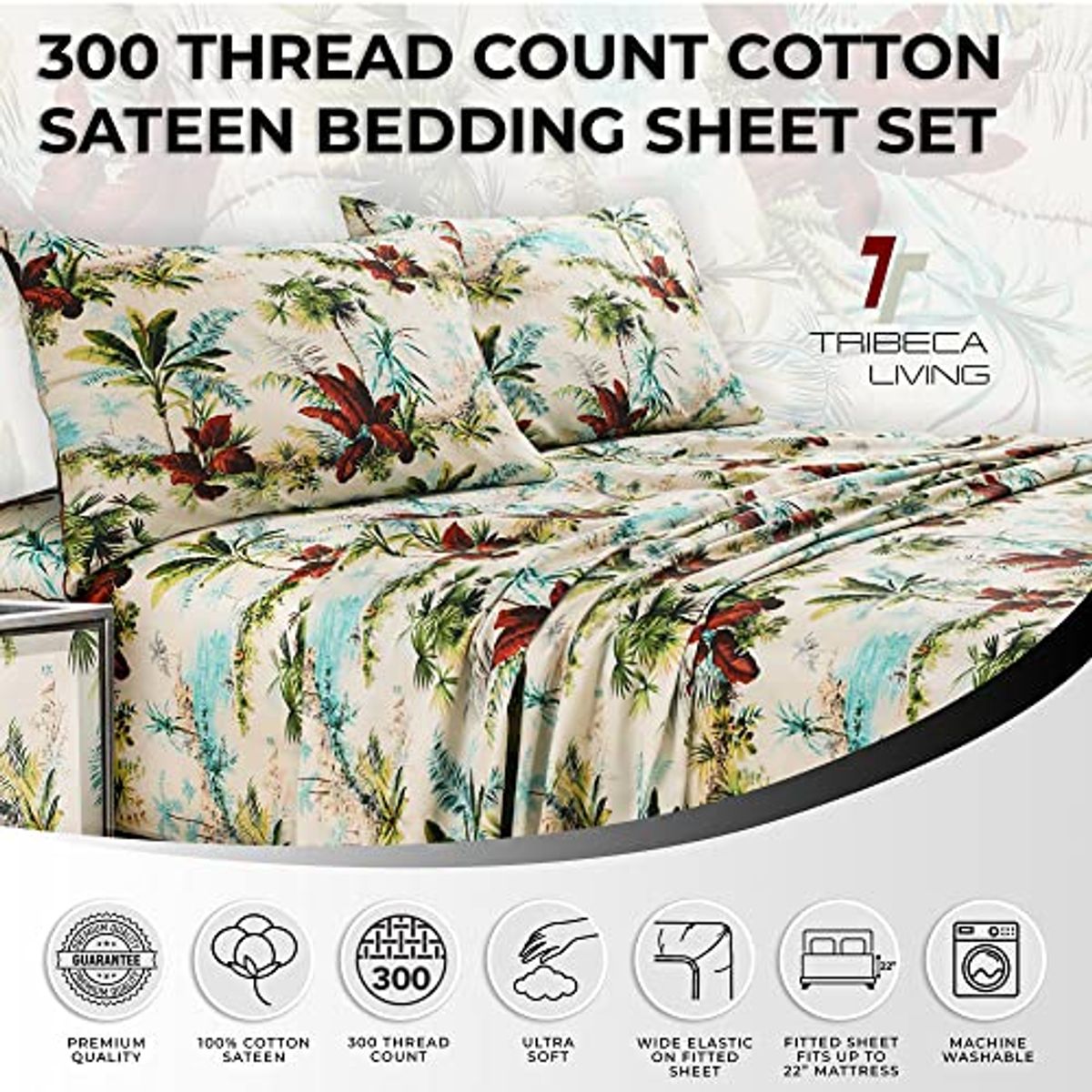 Tribeca Living Full Size Bed Sheet Set, 300 Thread Count Soft Cotton Sateen, Floral Print with Extra Deep Pockets, 4-Piece Bedding Set, Paradise Island Multicolor