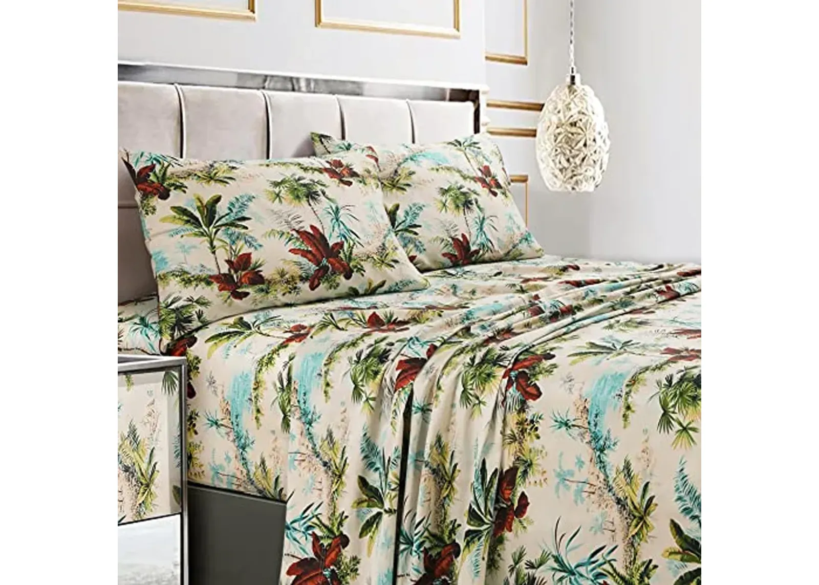 Tribeca Living Full Size Bed Sheet Set, 300 Thread Count Soft Cotton Sateen, Floral Print with Extra Deep Pockets, 4-Piece Bedding Set, Paradise Island Multicolor