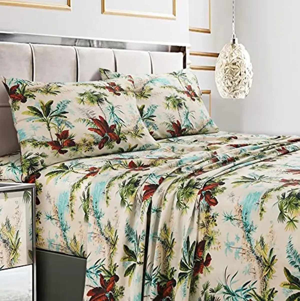 Tribeca Living Full Size Bed Sheet Set, 300 Thread Count Soft Cotton Sateen, Floral Print with Extra Deep Pockets, 4-Piece Bedding Set, Paradise Island Multicolor