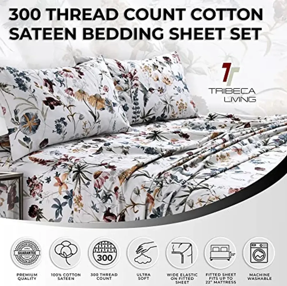 Tribeca Living Twin XL Bed Sheet Set, 300 Thread Count Soft Cotton Sateen, Floral Print with Extra Deep Pockets, 3-Piece Bedding Set, Amalfi Deep Red/Multicolor