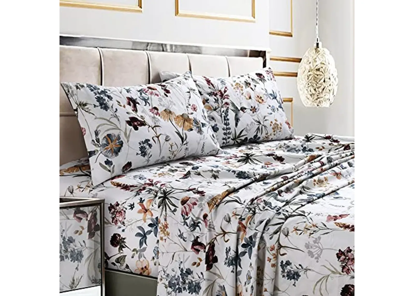 Tribeca Living Twin XL Bed Sheet Set, 300 Thread Count Soft Cotton Sateen, Floral Print with Extra Deep Pockets, 3-Piece Bedding Set, Amalfi Deep Red/Multicolor