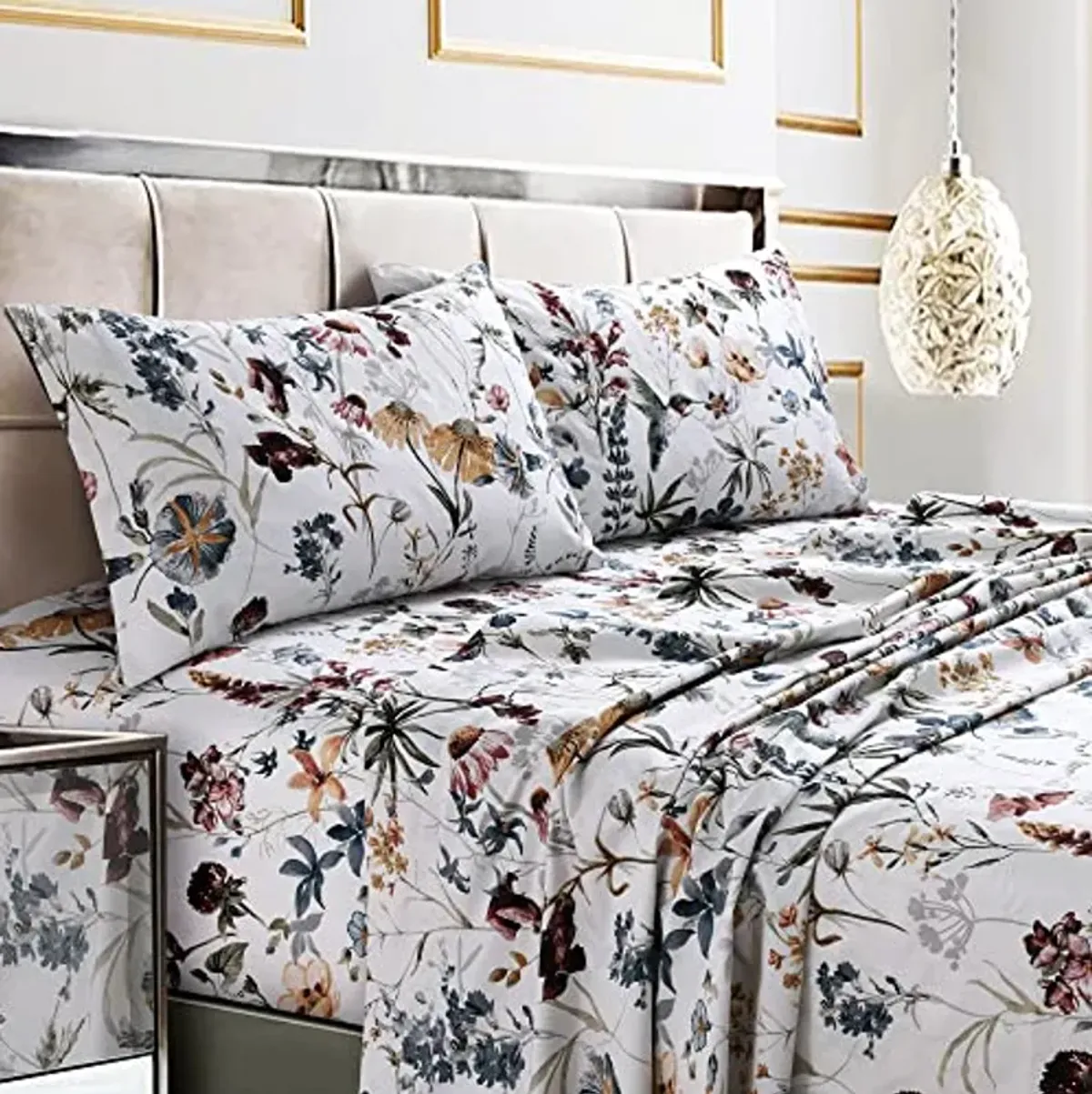 Tribeca Living Twin XL Bed Sheet Set, 300 Thread Count Soft Cotton Sateen, Floral Print with Extra Deep Pockets, 3-Piece Bedding Set, Amalfi Deep Red/Multicolor