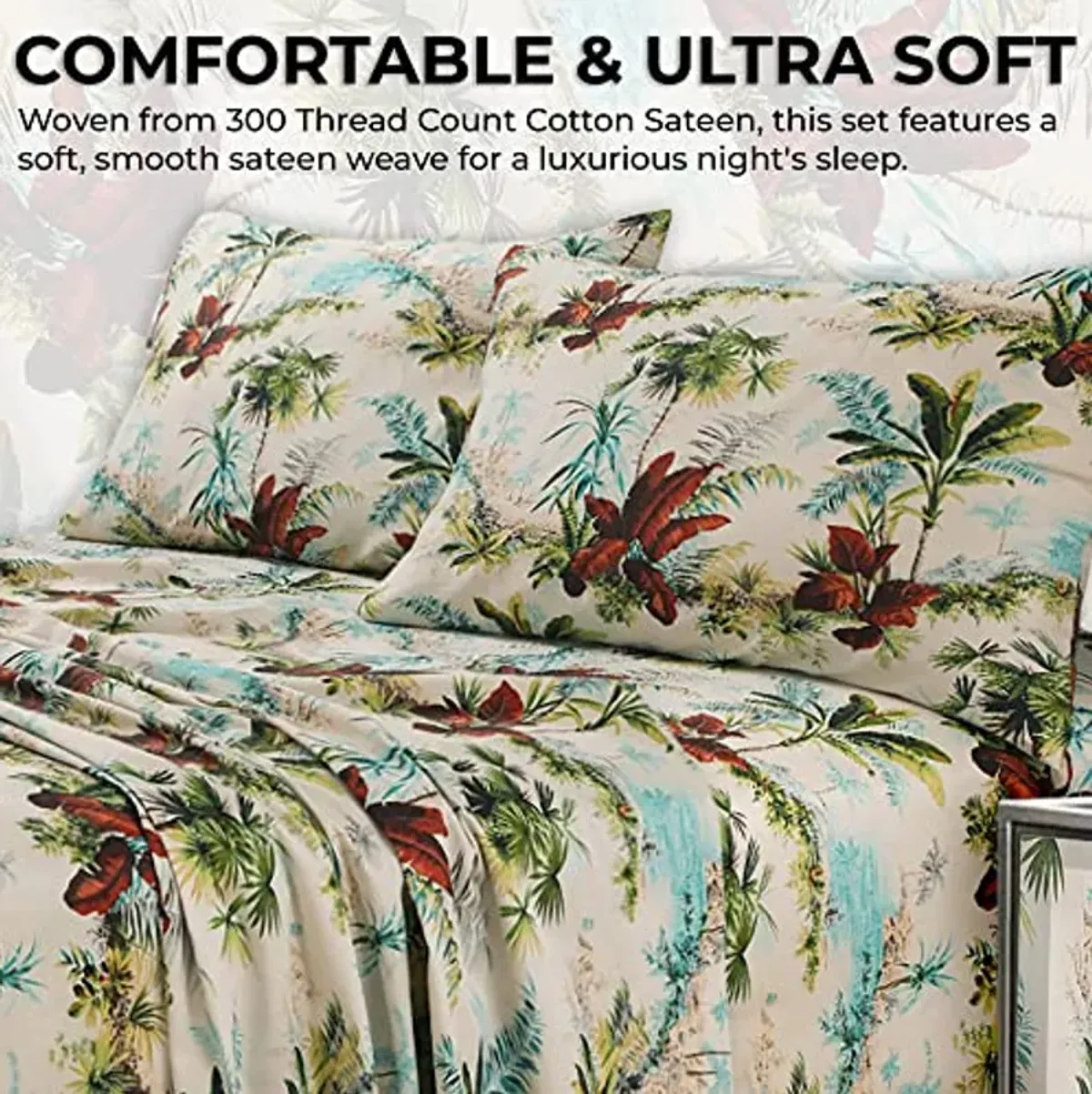 Tribeca Living Twin XL Bed Sheet Set, 300 Thread Count Soft Cotton Sateen, Floral Print with Extra Deep Pockets, 3-Piece Bedding Set, Paradise Island Multicolor