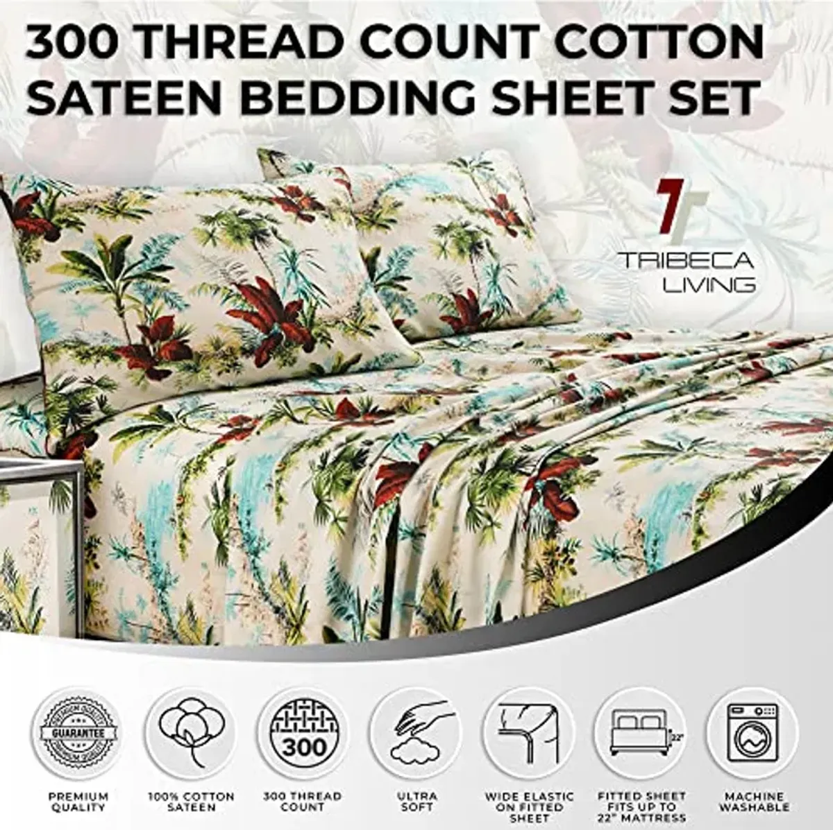 Tribeca Living Twin XL Bed Sheet Set, 300 Thread Count Soft Cotton Sateen, Floral Print with Extra Deep Pockets, 3-Piece Bedding Set, Paradise Island Multicolor