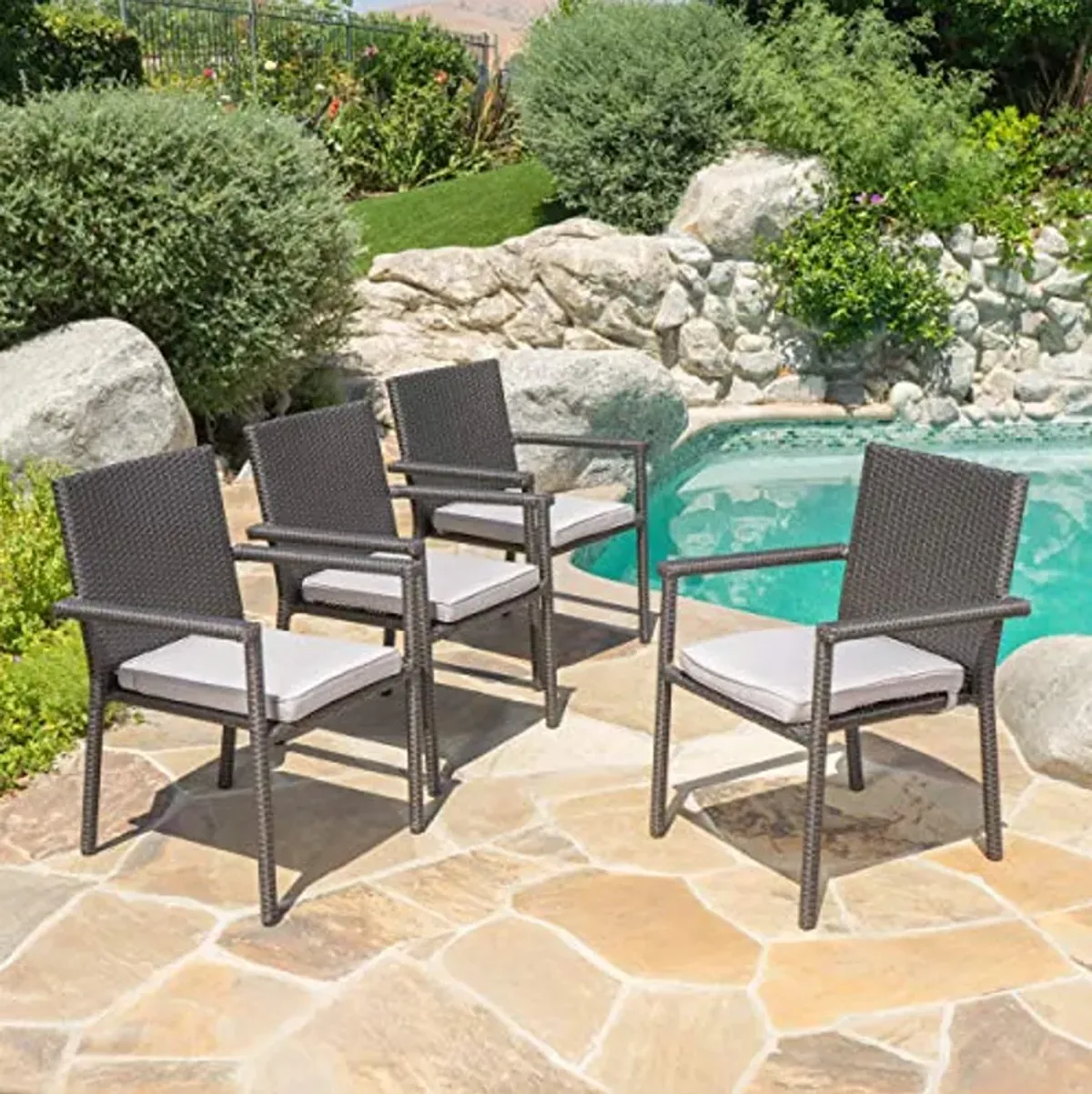 Christopher Knight Home San Pico Outdoor Wicker Armed Dining Chairs with Water Resistant Cushions, 4-Pcs Set, Grey / Silver