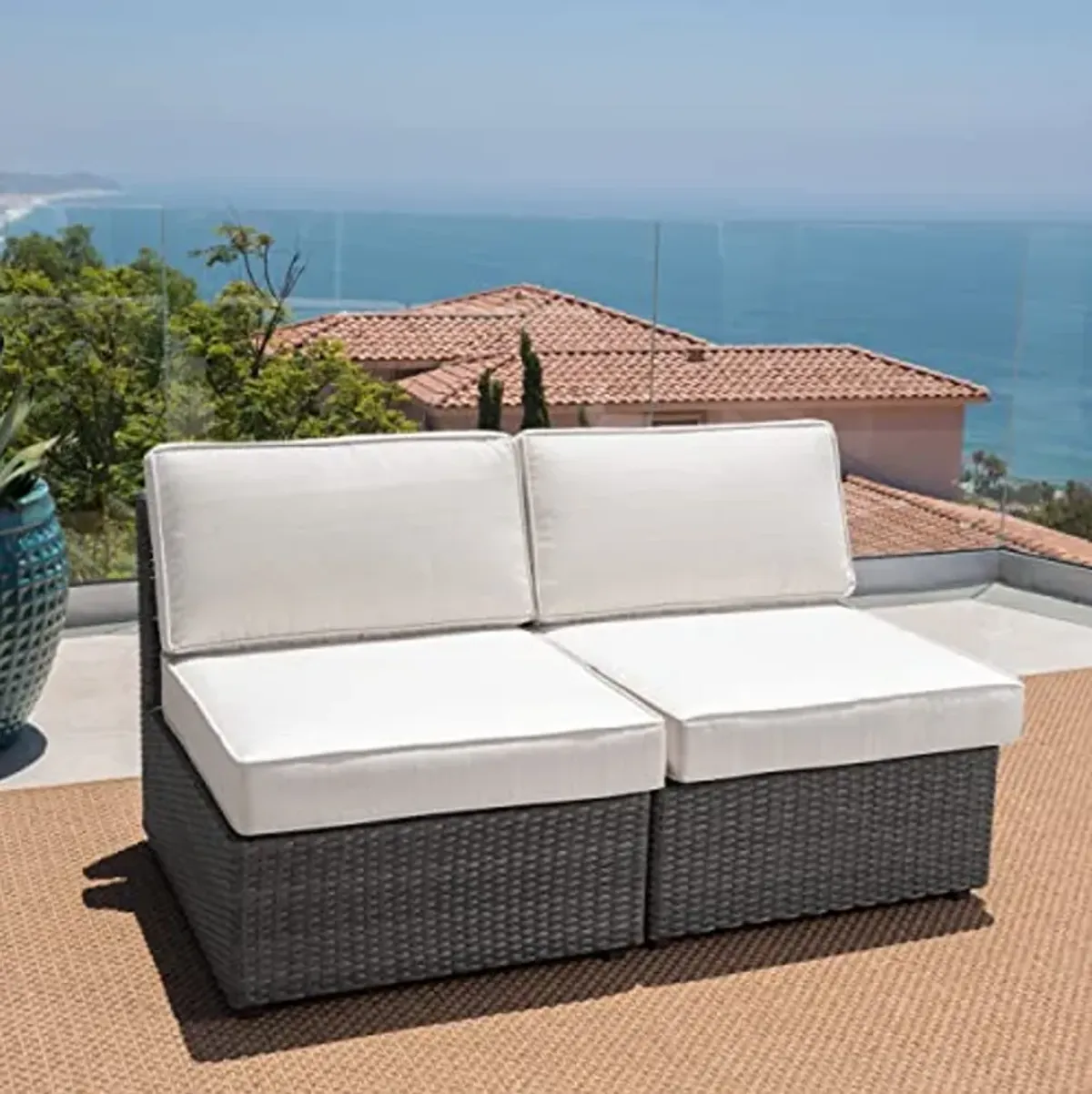 Christopher Knight Home Santa Cruz Outdoor Wicker Armless Sectional Sofa Seat, Gray, 2-Pcs Set, Grey/White