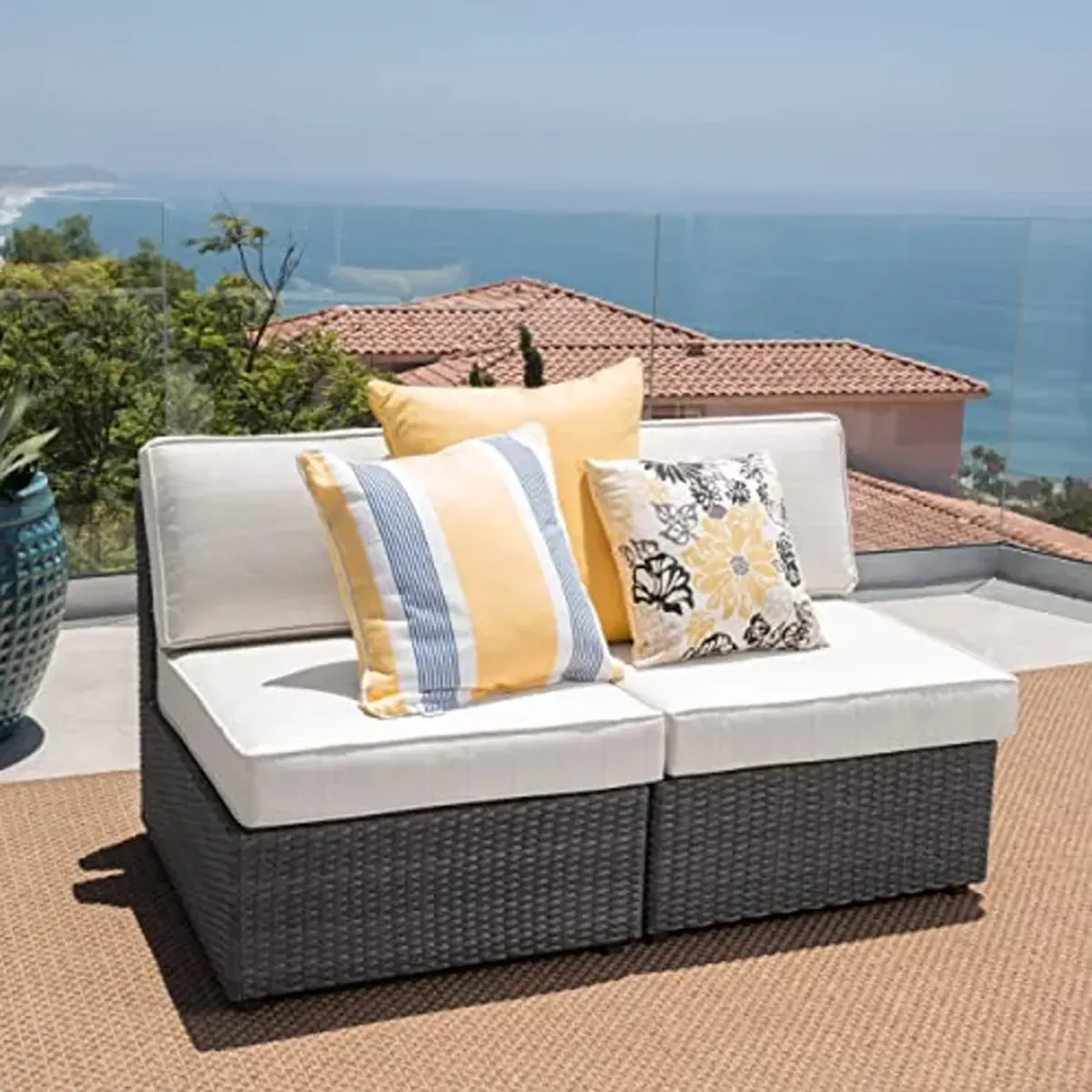 Christopher Knight Home Santa Cruz Outdoor Wicker Armless Sectional Sofa Seat, Gray, 2-Pcs Set, Grey/White