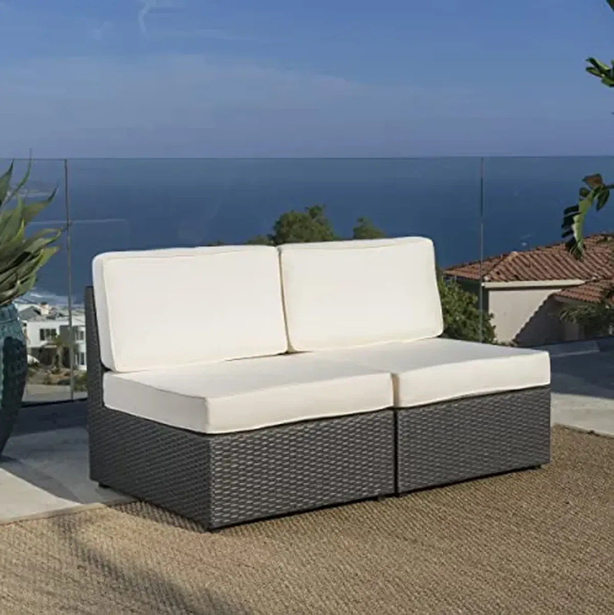 Christopher Knight Home Santa Cruz Outdoor Wicker Armless Sectional Sofa Seat, Gray, 2-Pcs Set, Grey/White