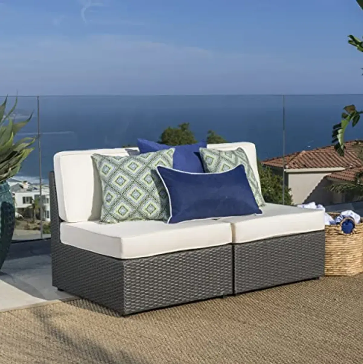 Christopher Knight Home Santa Cruz Outdoor Wicker Armless Sectional Sofa Seat, Gray, 2-Pcs Set, Grey/White