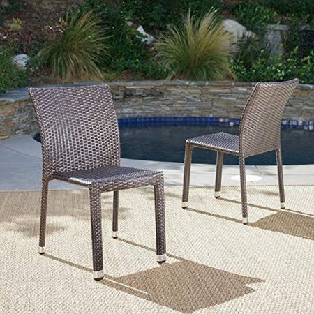 Christopher Knight Home Dover Outdoor Wicker Armless Stacking Chairs with Aluminum Frame, 2-Pcs Set, Multibrown
