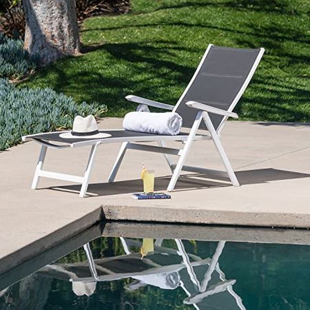 Hanover Regis Padded Chaise Lounge Modern Luxury Outdoor Furniture for Patio, Backyard, Poolside Slim Aluminum Frame Quick-Dry Sling Fabric REGCHS-W-Gry, White