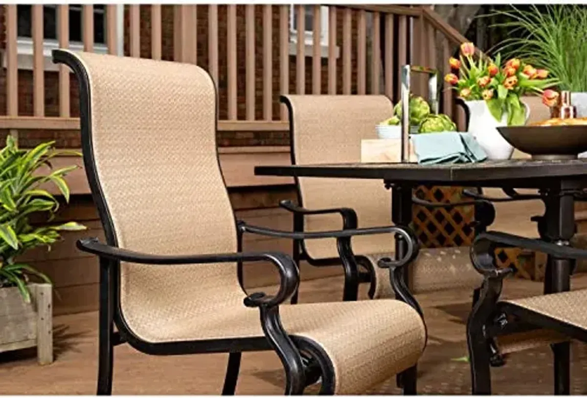 Hanover Brigantine 7-Piece Modern Outdoor Dining Set with 9 Ft. Umbrella, 6 Sling Chairs, Expandable Cast-Top Table, Weather, Rust, UV Resistant, Tan