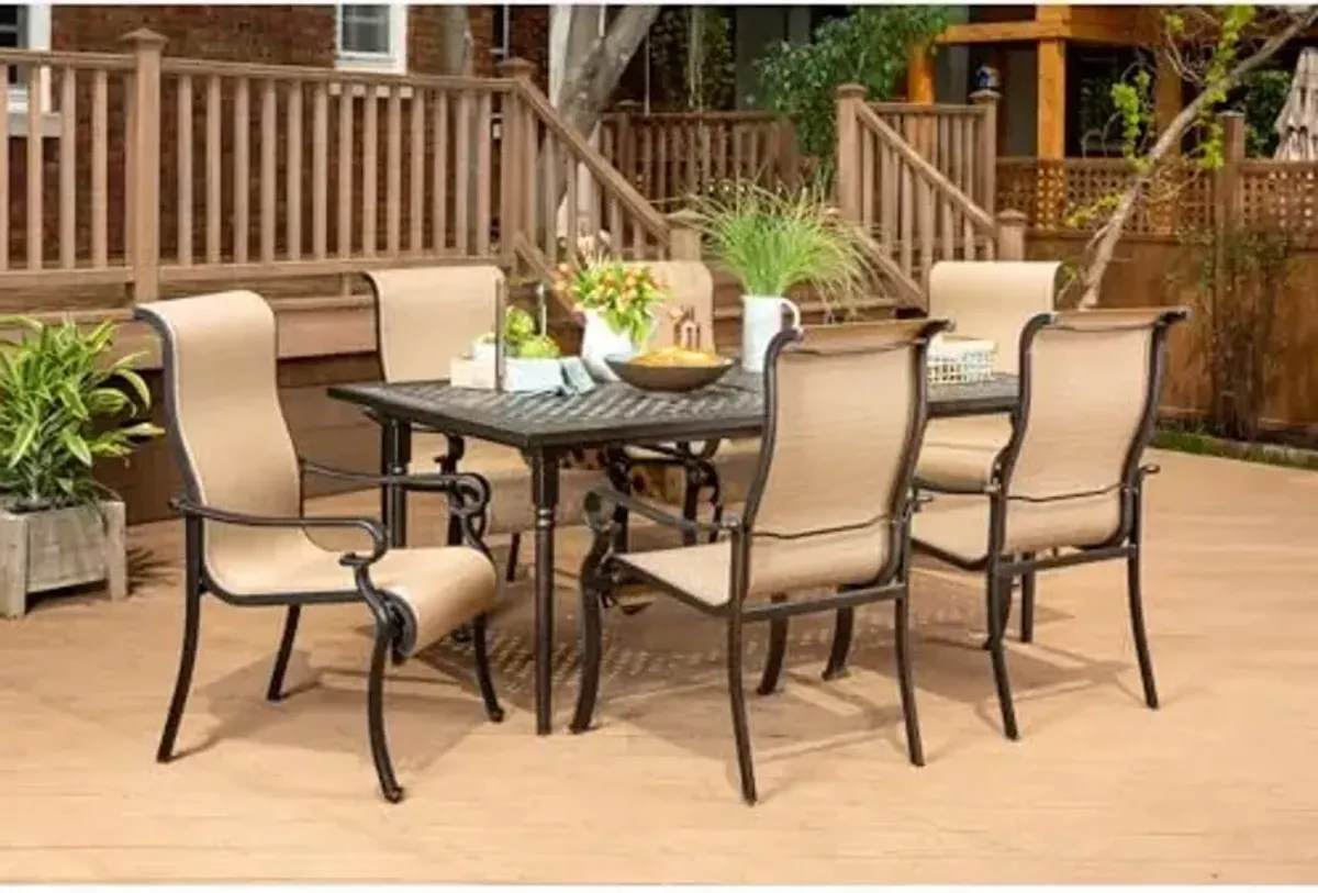 Hanover Brigantine 7-Piece Modern Outdoor Dining Set with 9 Ft. Umbrella, 6 Sling Chairs, Expandable Cast-Top Table, Weather, Rust, UV Resistant, Tan
