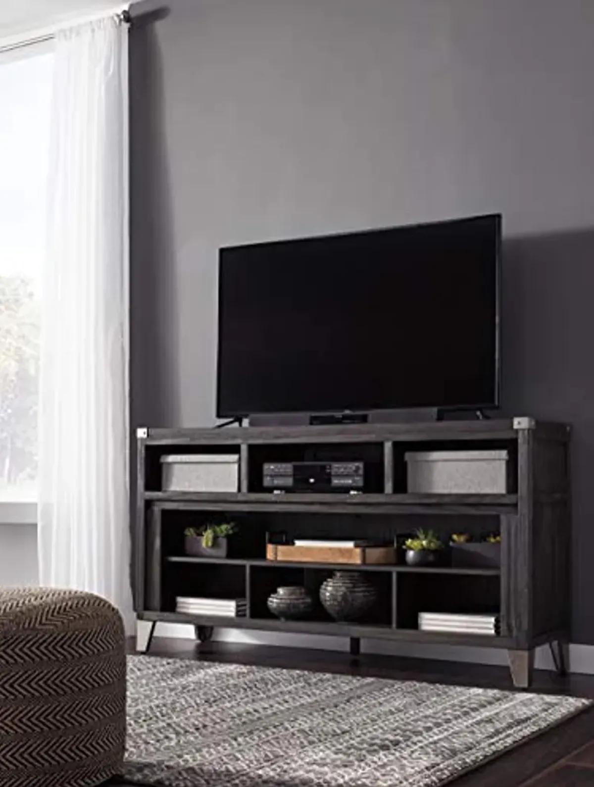 Signature Design by Ashley Todoe Industrial TV Stand with Fireplace Option Fits TVs up to 65", 6 Cubbies For Storage, Gray