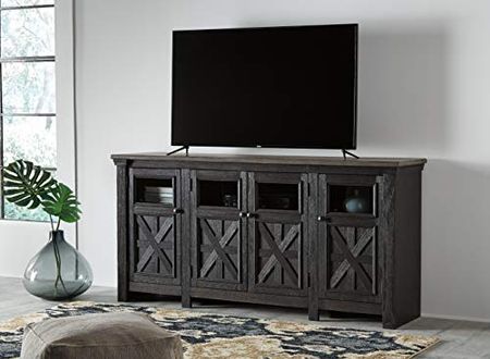 Signature Design by Ashley Tyler Creek Farmhouse TV Stand Fits TVs up to 72", 4 Glass Doors, 3 Adjustable Storage Shelves, Dark Gray