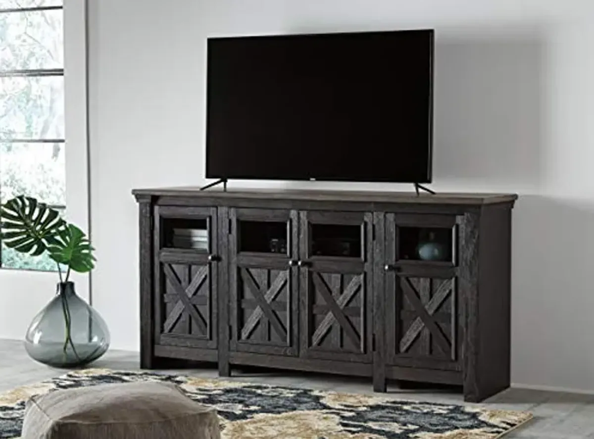 Signature Design by Ashley Tyler Creek Farmhouse TV Stand Fits TVs up to 72", 4 Glass Doors, 3 Adjustable Storage Shelves, Dark Gray