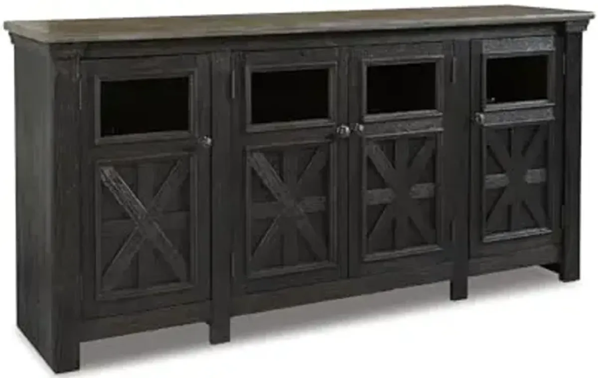 Signature Design by Ashley Tyler Creek Farmhouse TV Stand Fits TVs up to 72", 4 Glass Doors, 3 Adjustable Storage Shelves, Dark Gray
