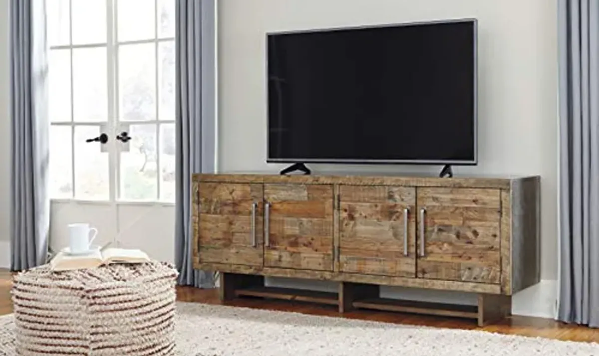 Signature Design by Ashley Mozanburg Rustic TV Stand Fits TVs up to 70", 2 Double Door Cabinets and Storage Shelves, Brown