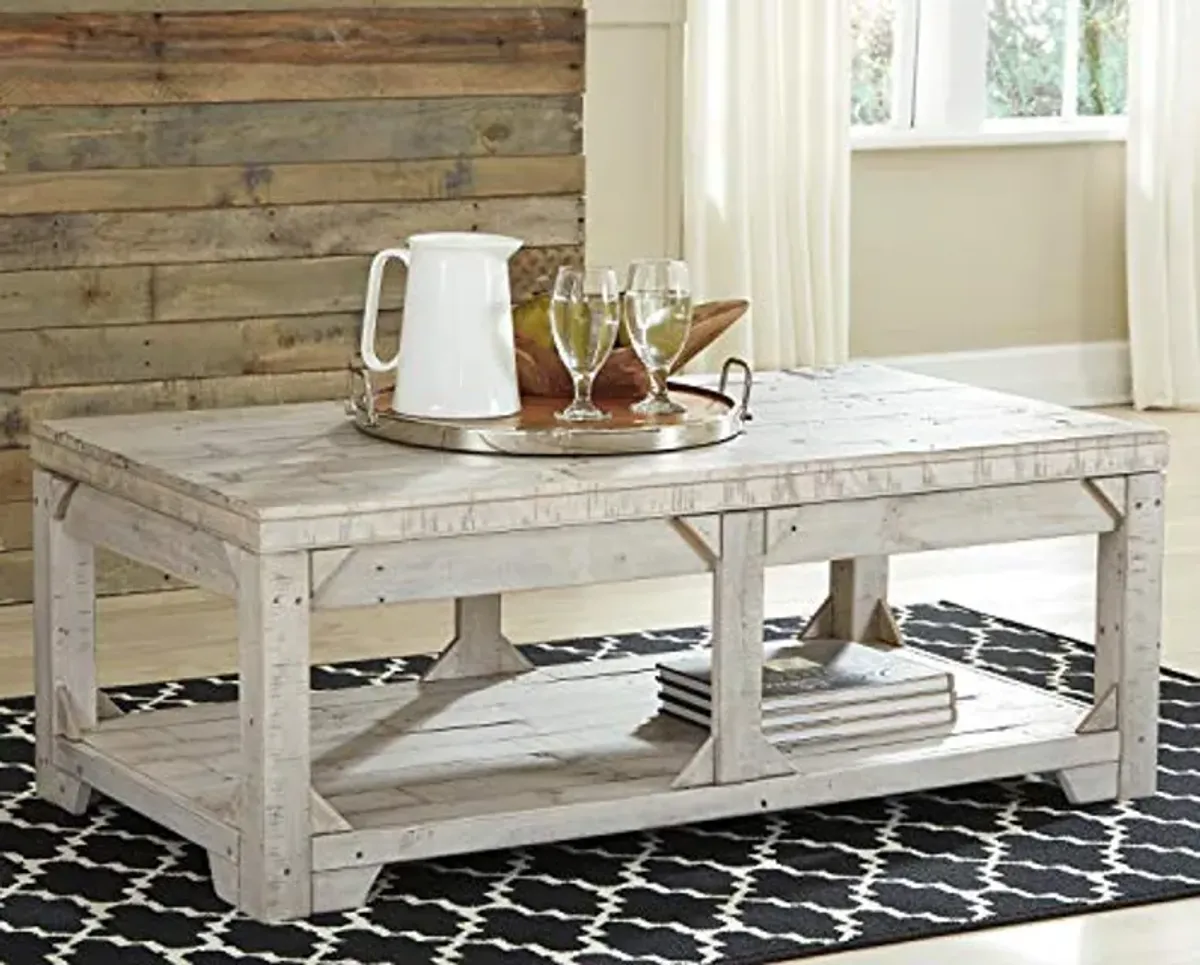 Signature Design by Ashley Fregine Farmhouse Rectangular Lift Top Coffee Table with Floor Shelf, Whitewash with Weathered Finish