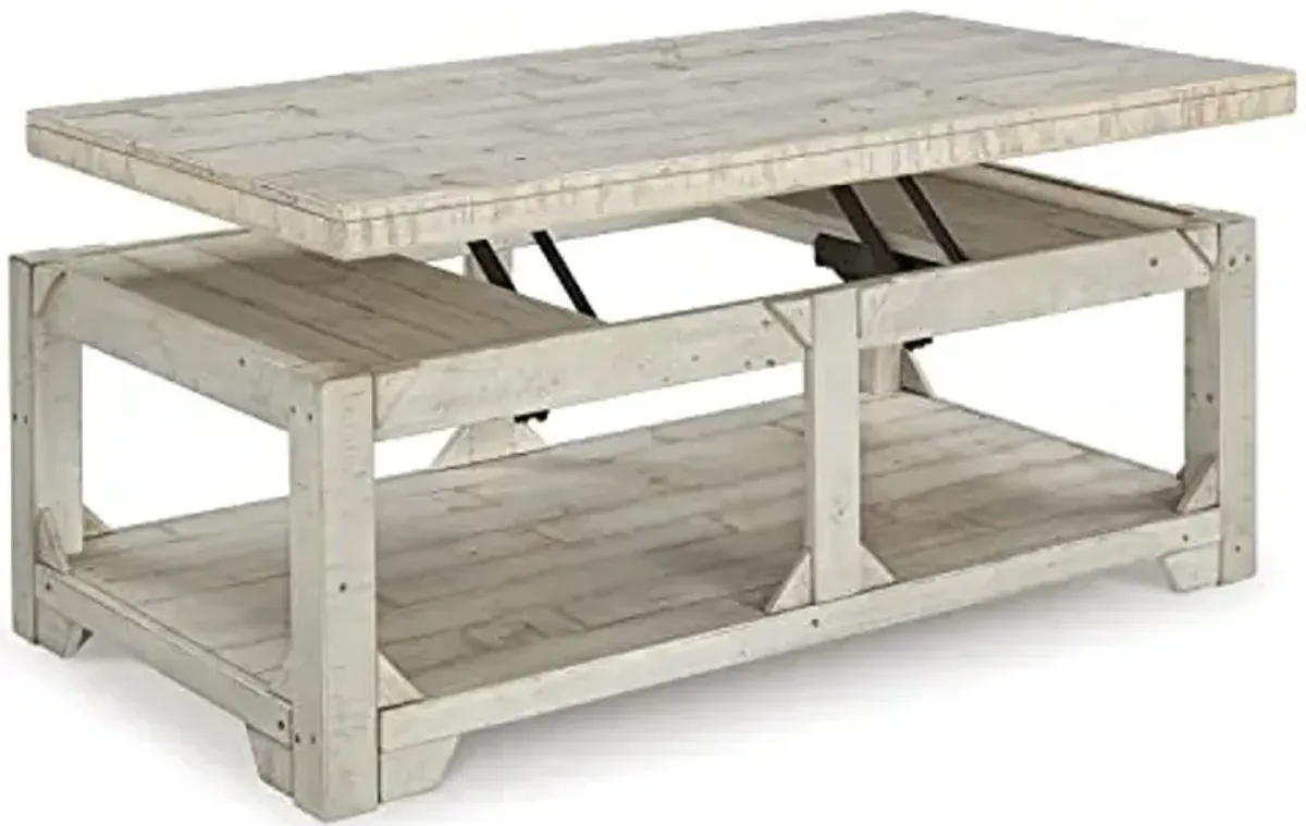 Signature Design by Ashley Fregine Farmhouse Rectangular Lift Top Coffee Table with Floor Shelf, Whitewash with Weathered Finish