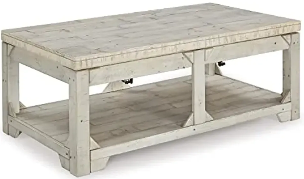 Signature Design by Ashley Fregine Farmhouse Rectangular Lift Top Coffee Table with Floor Shelf, Whitewash with Weathered Finish