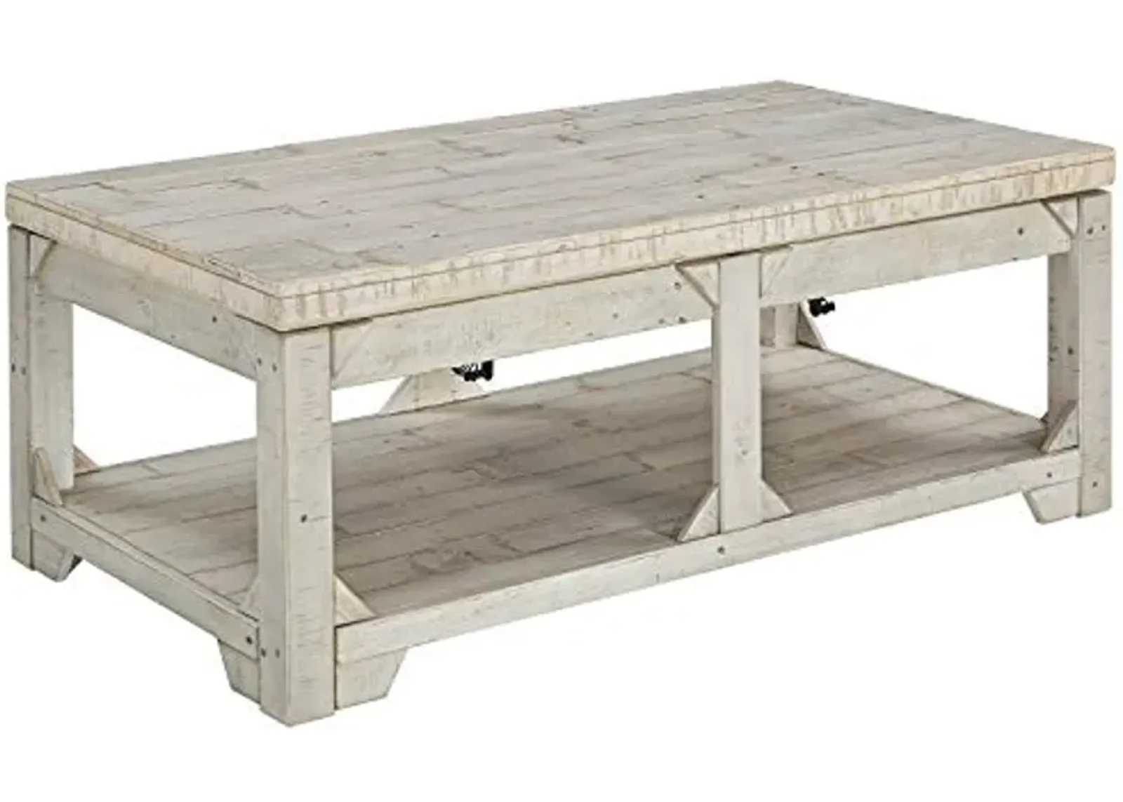 Signature Design by Ashley Fregine Farmhouse Rectangular Lift Top Coffee Table with Floor Shelf, Whitewash with Weathered Finish