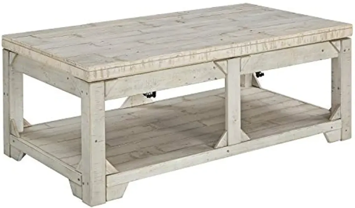 Signature Design by Ashley Fregine Farmhouse Rectangular Lift Top Coffee Table with Floor Shelf, Whitewash with Weathered Finish