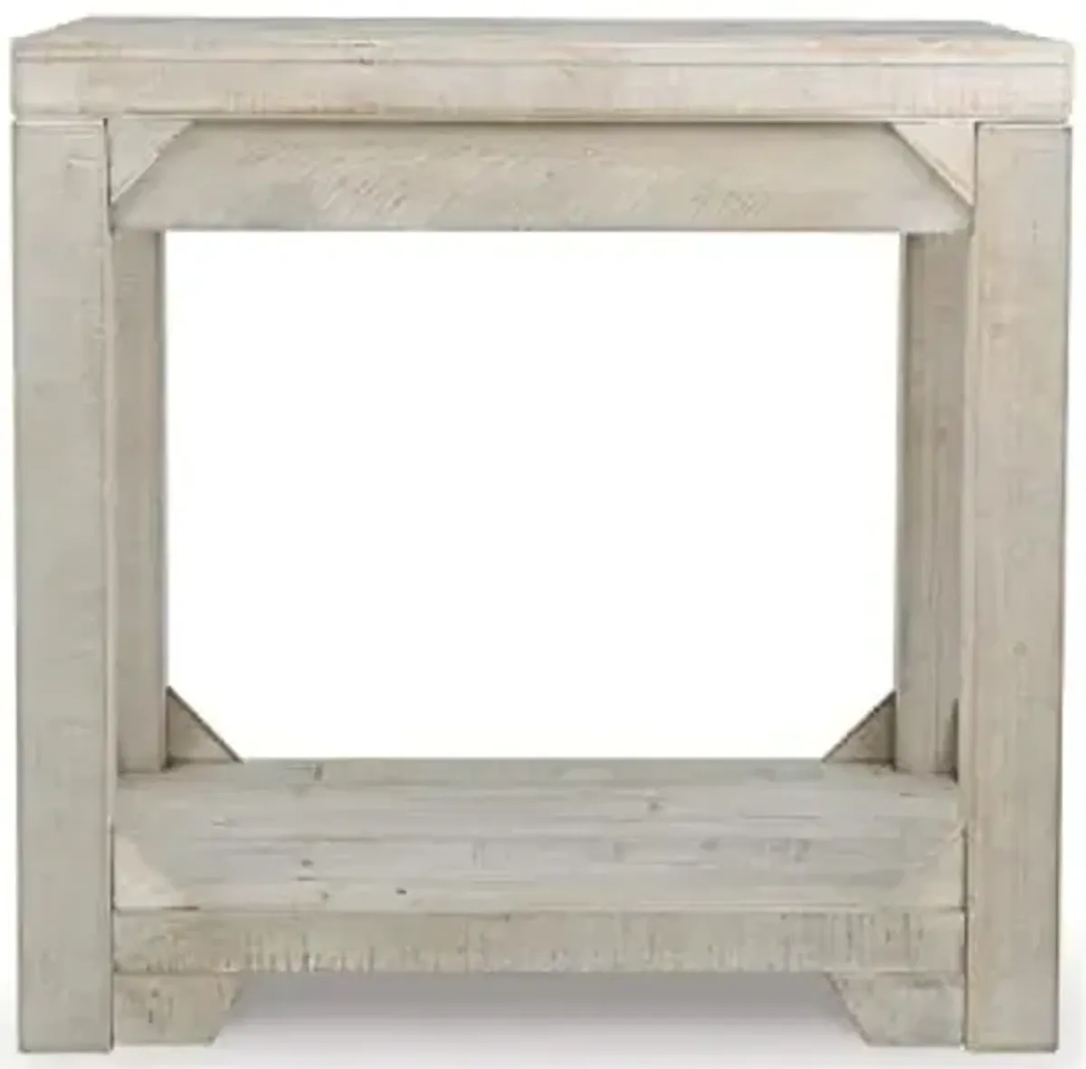 Signature Design by Ashley Fregine Farmhouse Rectangular End Table with Lower Open Shelf, Triangle Bracket Accents, Wood, 25.25" High, Weathered White