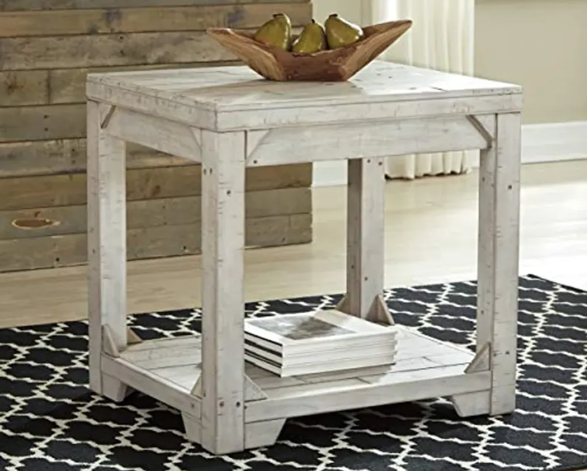 Signature Design by Ashley Fregine Farmhouse Square End Table with Floor Shelf, Weathered White Finish