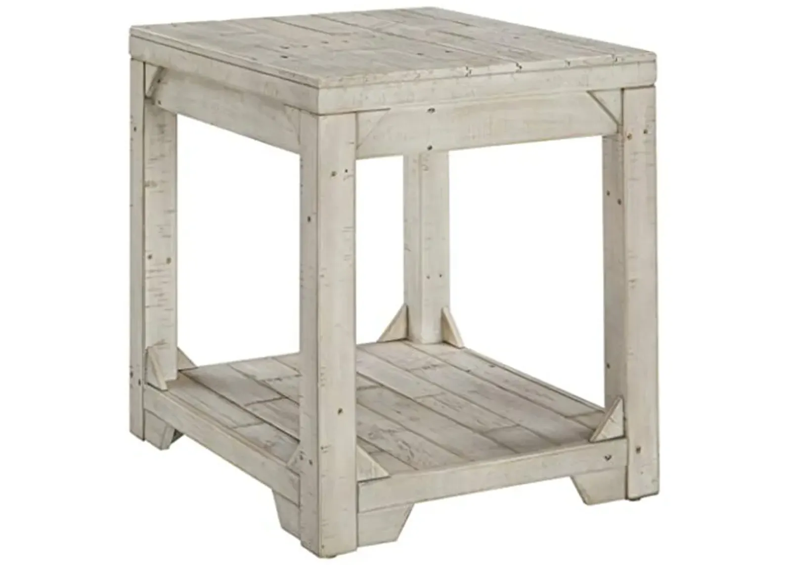 Signature Design by Ashley Fregine Farmhouse Square End Table with Floor Shelf, Weathered White Finish