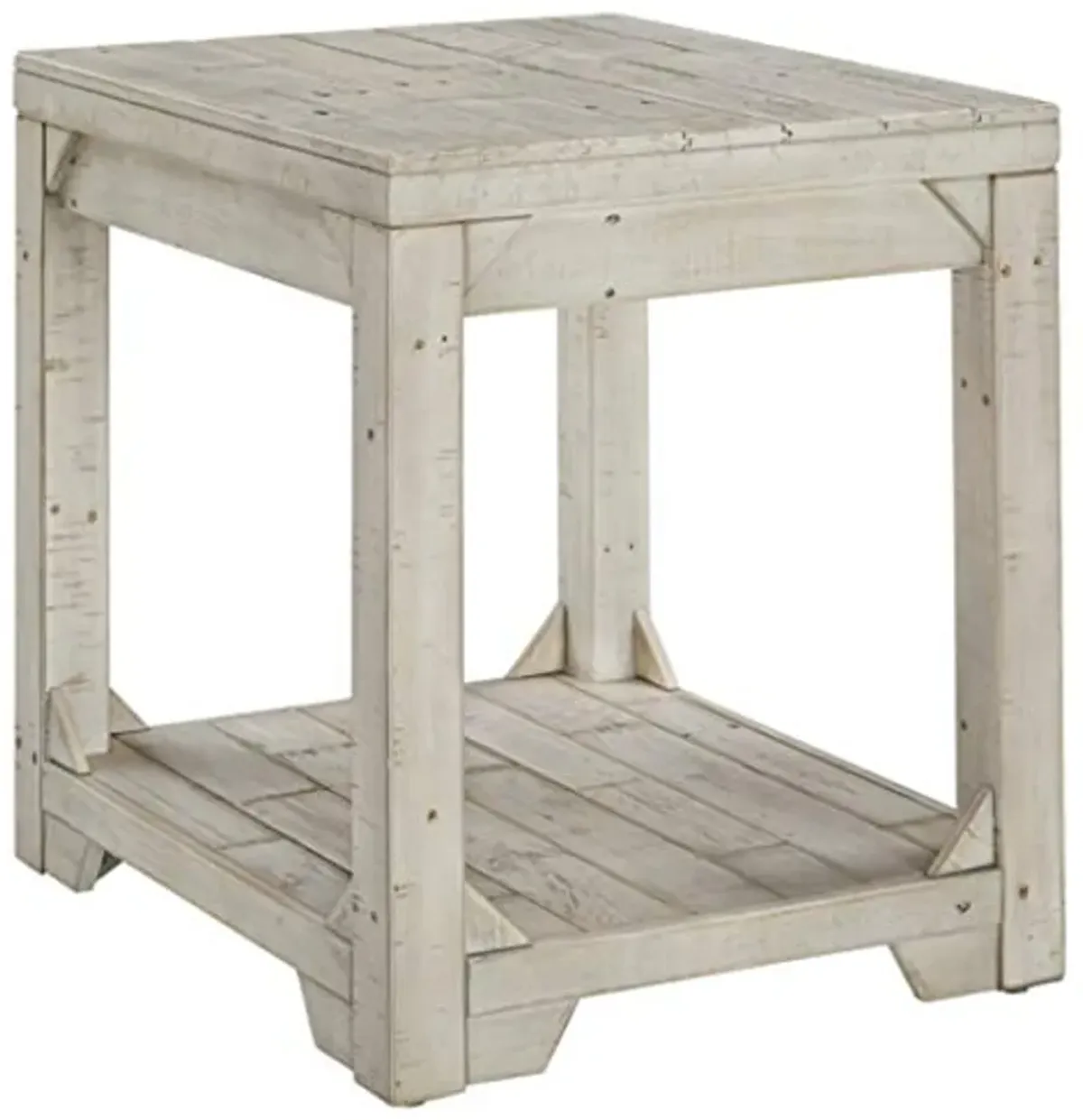 Signature Design by Ashley Fregine Farmhouse Square End Table with Floor Shelf, Weathered White Finish