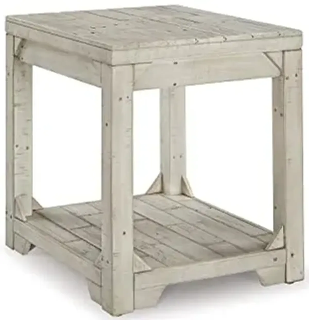 Signature Design by Ashley Fregine Farmhouse Rectangular End Table with Lower Open Shelf, Triangle Bracket Accents, Wood, 25.25" High, Weathered White