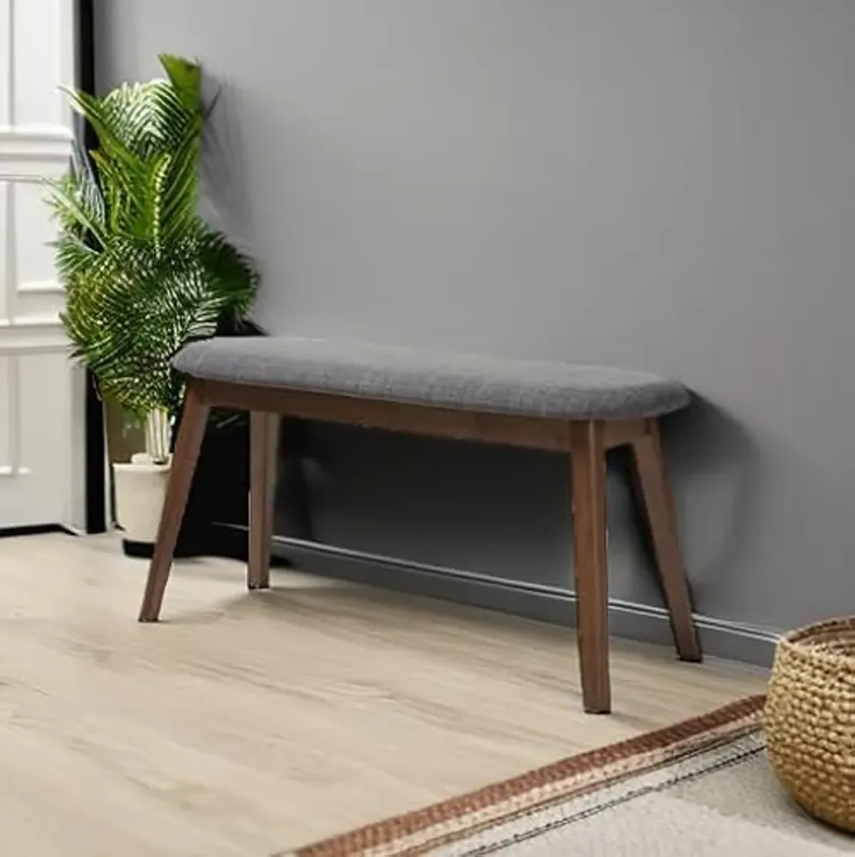 Baxton Studio Easton Mid-Century Modern Dark Grey Fabric Upholstered Walnut Finished Wood Bench Grey//Medium Wood/Mid-Century/Fabric Polyester 100%"/Rubber Wood/Foam