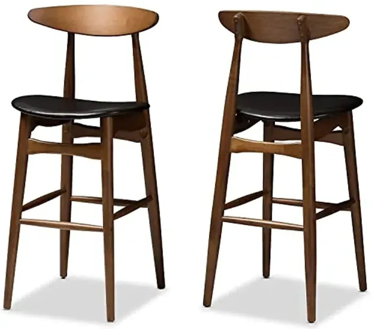 Baxton Studio Flora Mid-Century Modern Black Faux Leather Upholstered Walnut Finished Bar Stool (Set of 2)