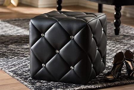 Baxton Studio Stacey Modern and Contemporary Black Faux Leather Upholstered Ottoman/Contemporary/Black/Faux Leather/Eucalyptus Wood/HDF/Foam