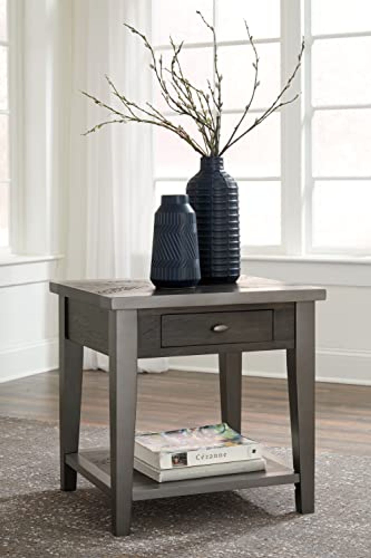 Signature Design by Ashley Branbury Urban Square End Table with 1 Drawer and Fixed Base Shelf, Dark Gray with Aged Metallic Finish