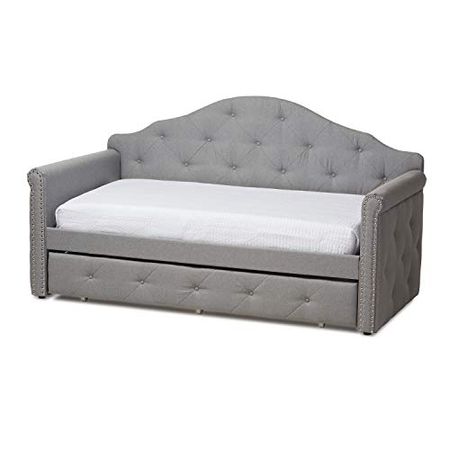 Baxton Studio Emilie Modern and Contemporary Grey Fabric Upholstered Daybed with Trundle/Twin/Contemporary/Grey/Fabric Polyester 100%"/Rubber Wood/MDF/Foam