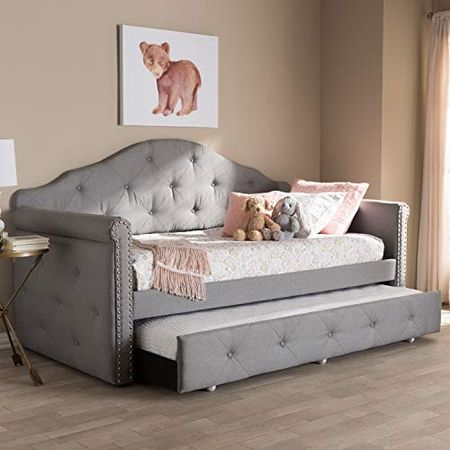 Baxton Studio Emilie Modern and Contemporary Grey Fabric Upholstered Daybed with Trundle/Twin/Contemporary/Grey/Fabric Polyester 100%"/Rubber Wood/MDF/Foam