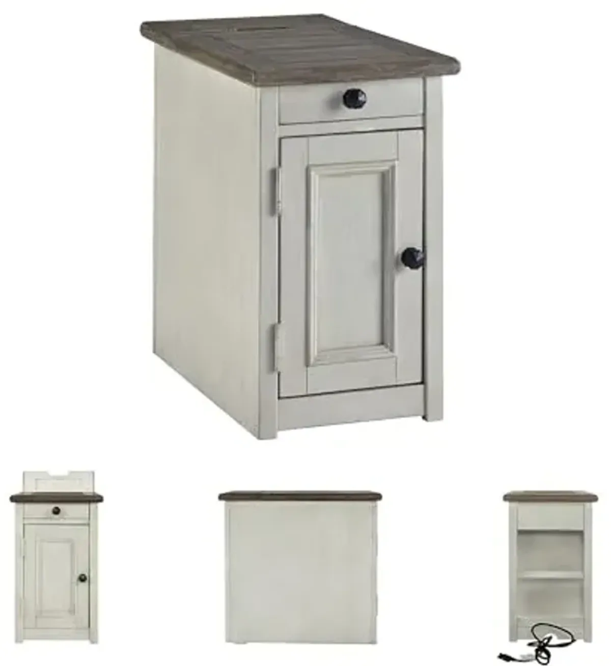 Signature Design by Ashley Bolanburg Farmhouse Chair Side End Table with Outlets and USB Ports, Antique Cream & Brown